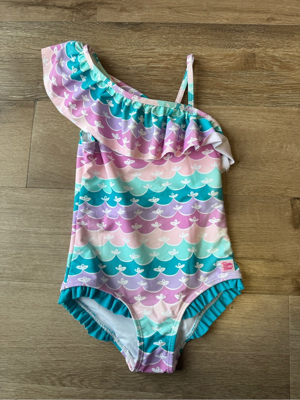 Ruffle Butts Pastel Stripe One-Shoulder Ruffle Swimsuit - Pink, Teal Size 6